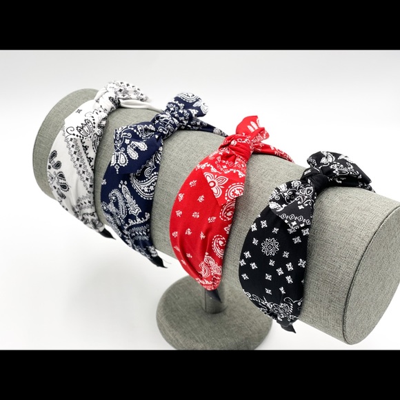 New White Paisley bandana print fabric top bow knot flexible comfy headband - Picture 10 of 10